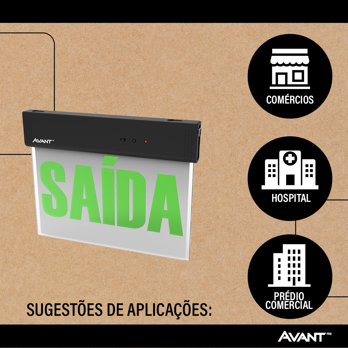 Luminaria Led Emergencia Placa Saida 2L 1w 6000K Branco Frio Bivolt Preto Avant
