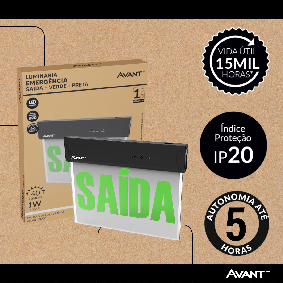 Luminaria Led Emergencia Placa Saida 2L 1w 6000K Branco Frio Bivolt Preto Avant