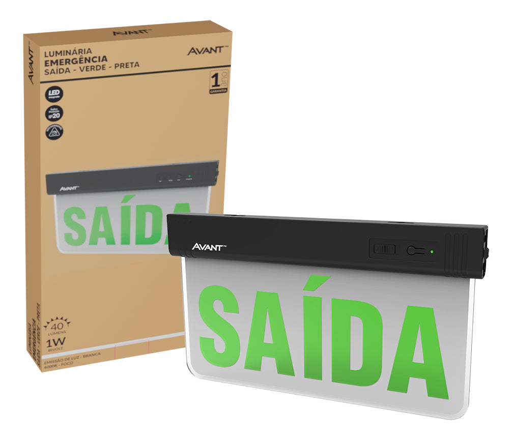 Luminaria Led Emergencia Placa Saida 2L 1w 6000K Branco Frio Bivolt Preto Avant