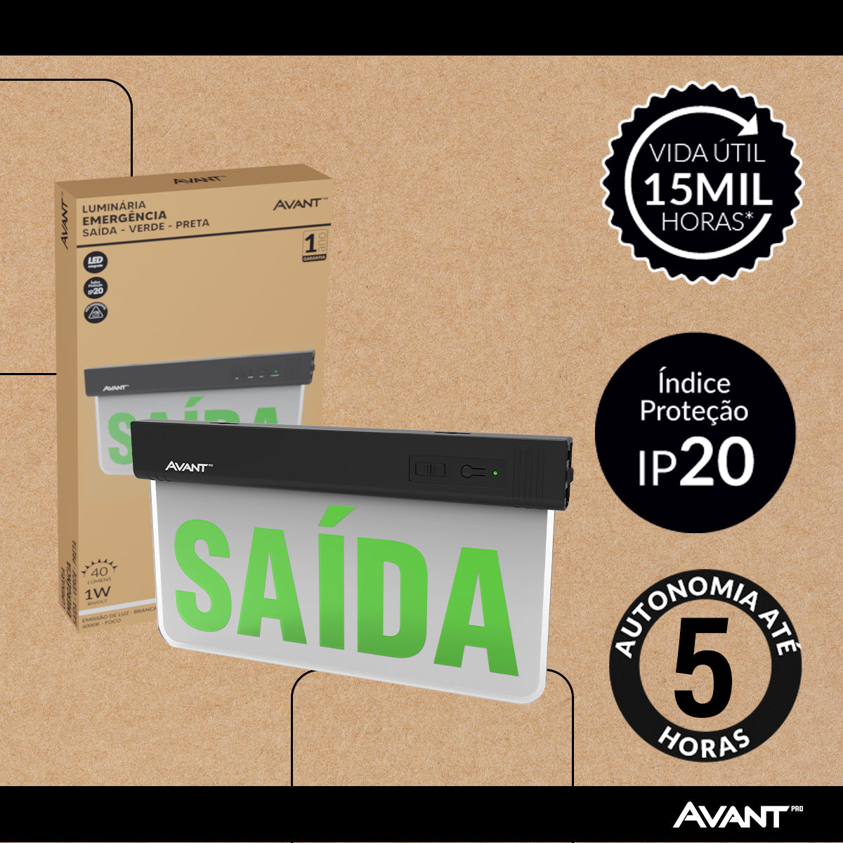 Luminaria Led Emergencia Placa Saida 2L 1w 6000K Branco Frio Bivolt Preto Avant