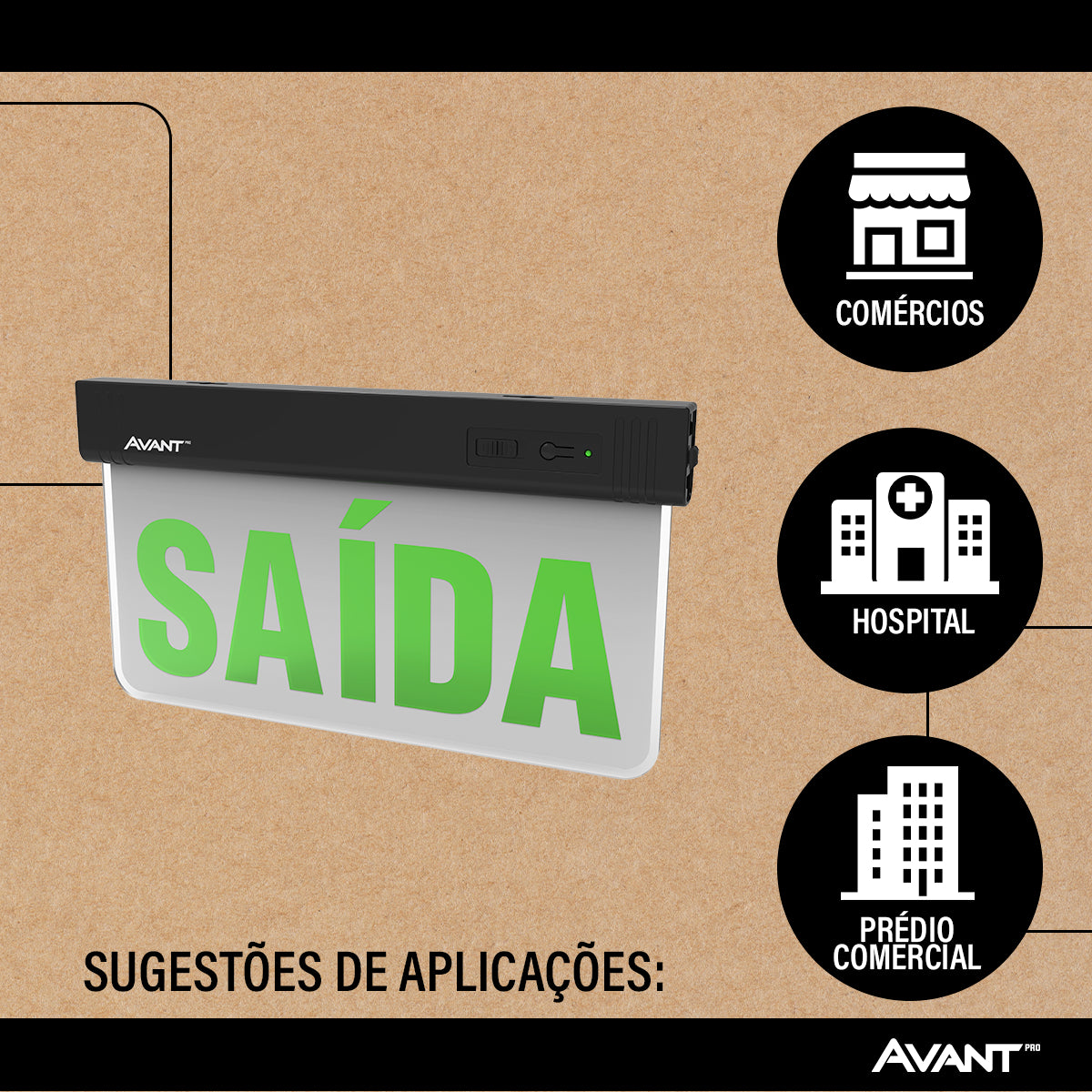 Luminaria Led Emergencia Placa Saida 2L 1w 6000K Branco Frio Bivolt Preto Avant