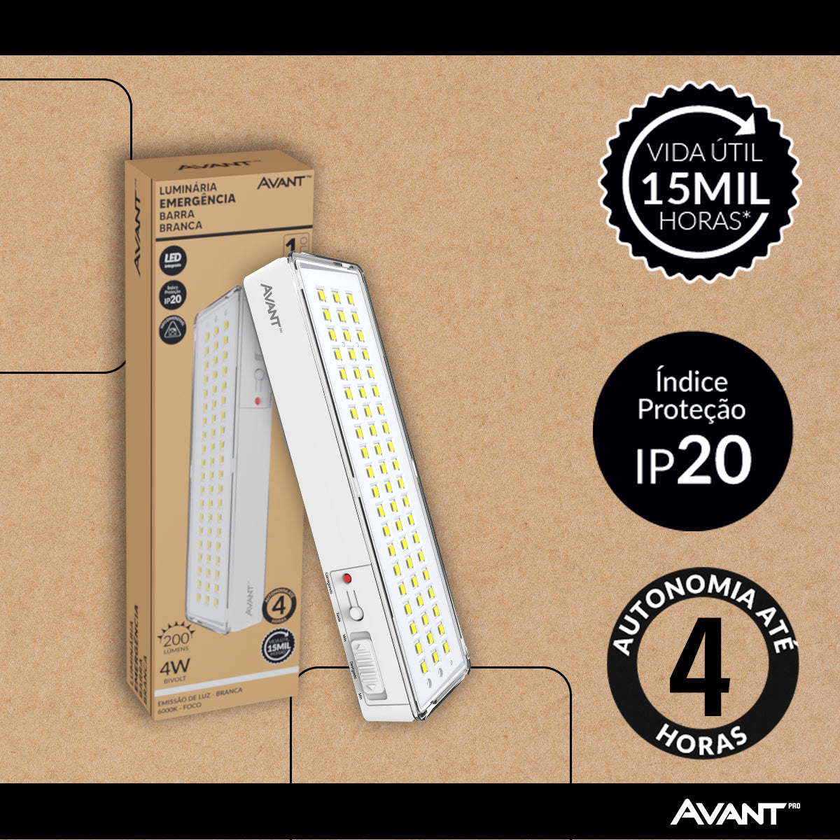 Luminária Led Emergência Barra 4w 6000K Branco Frio Bivolt Branco Avant
