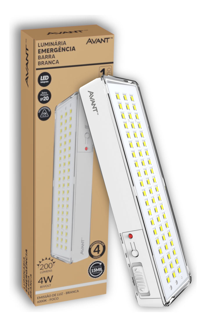 Luminária Led Emergência Barra 4w 6000K Branco Frio Bivolt Branco Avant