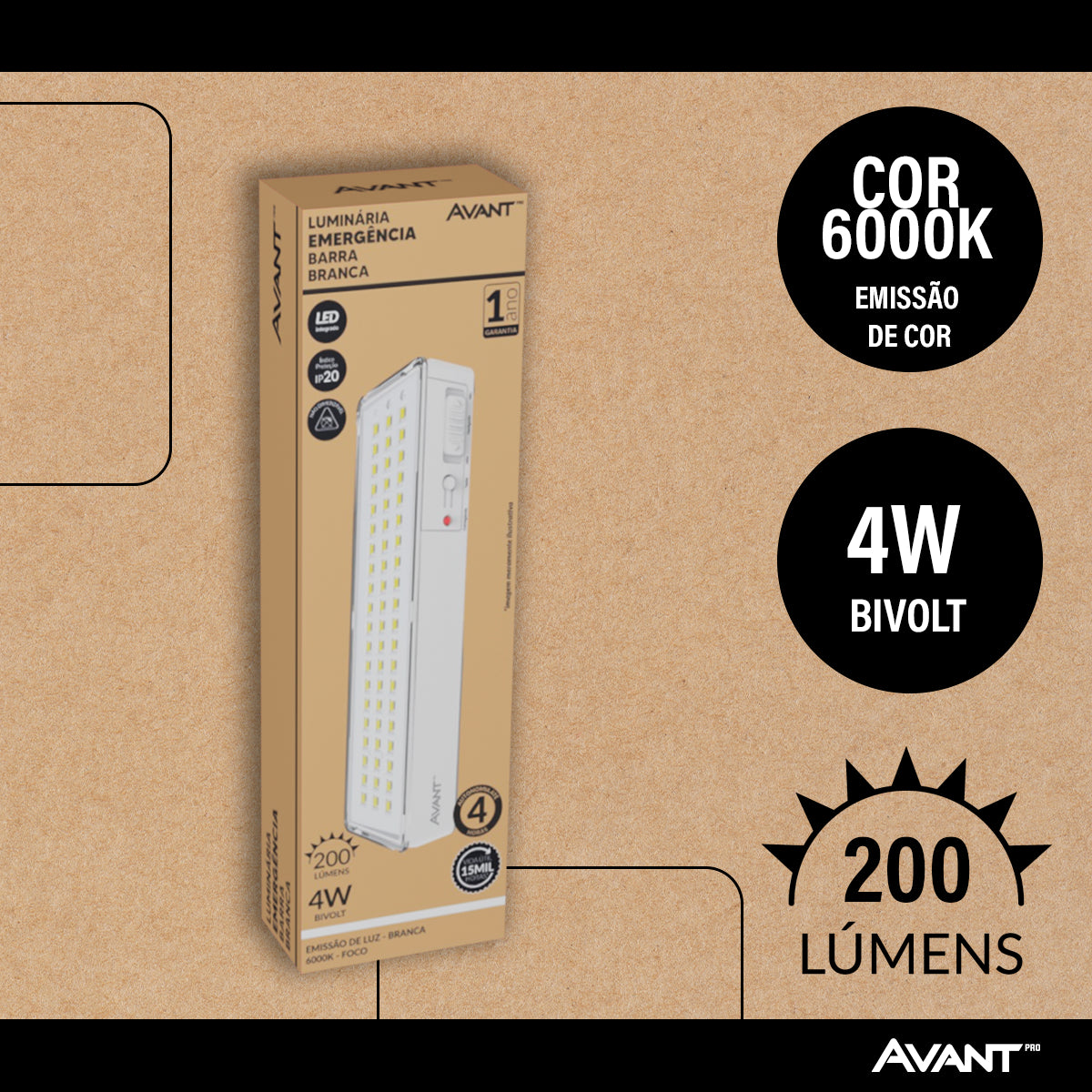 Luminária Led Emergência Barra 4w 6000K Branco Frio Bivolt Branco Avant