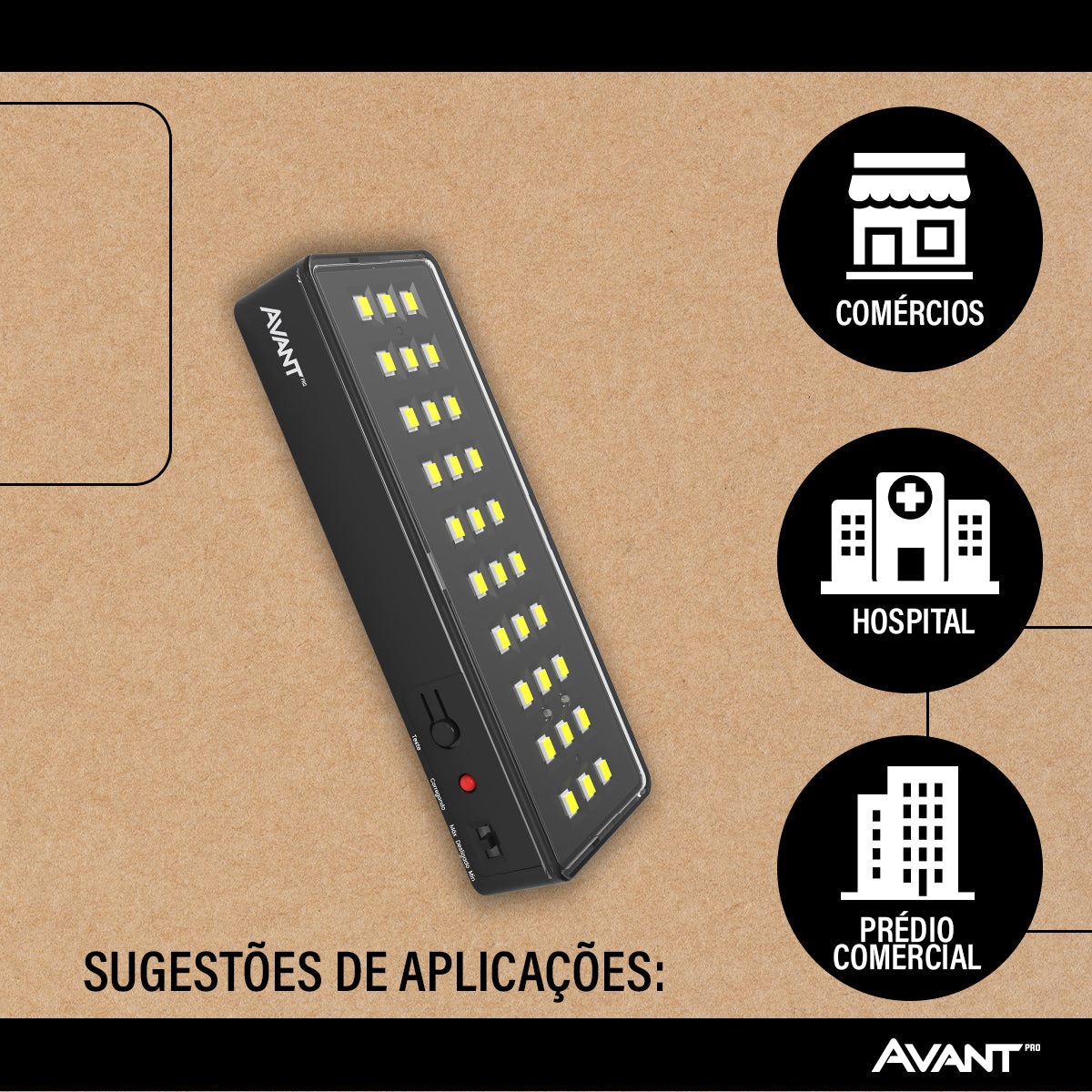 Luminária Led Emergência Barra 1w 6000K Branco Frio Bivolt Preto Avant
