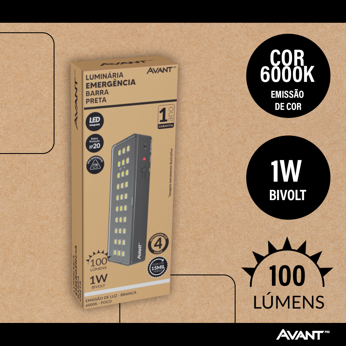 Luminária Led Emergência Barra 1w 6000K Branco Frio Bivolt Preto Avant