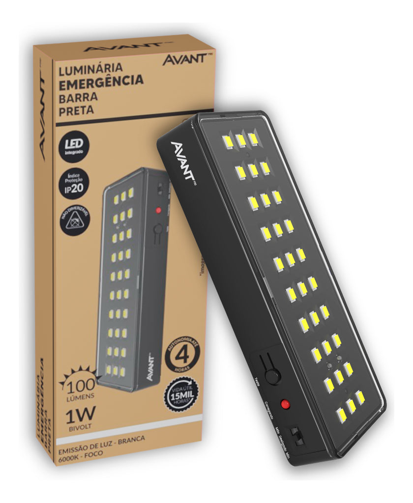 Luminária Led Emergência Barra 1w 6000K Branco Frio Bivolt Preto Avant