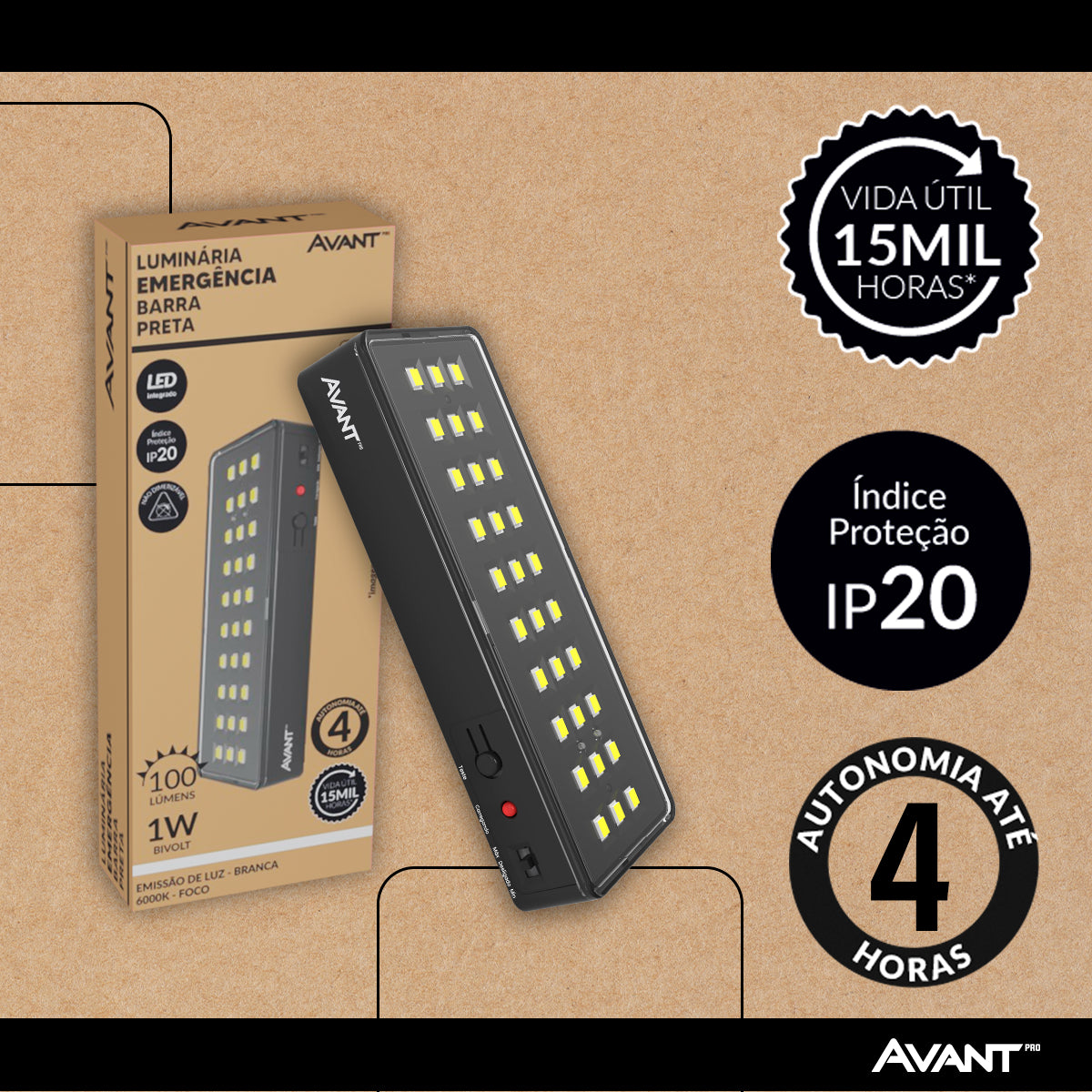 Luminária Led Emergência Barra 1w 6000K Branco Frio Bivolt Preto Avant