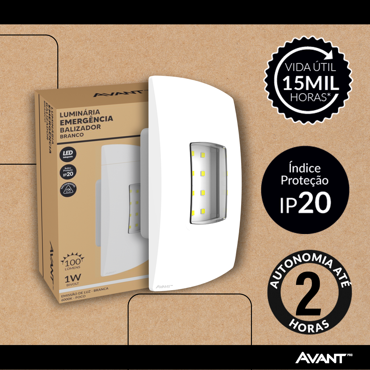 Luminária Led Emergência Balizador 1w 6000K Branco Frio Bivolt Branco Avant