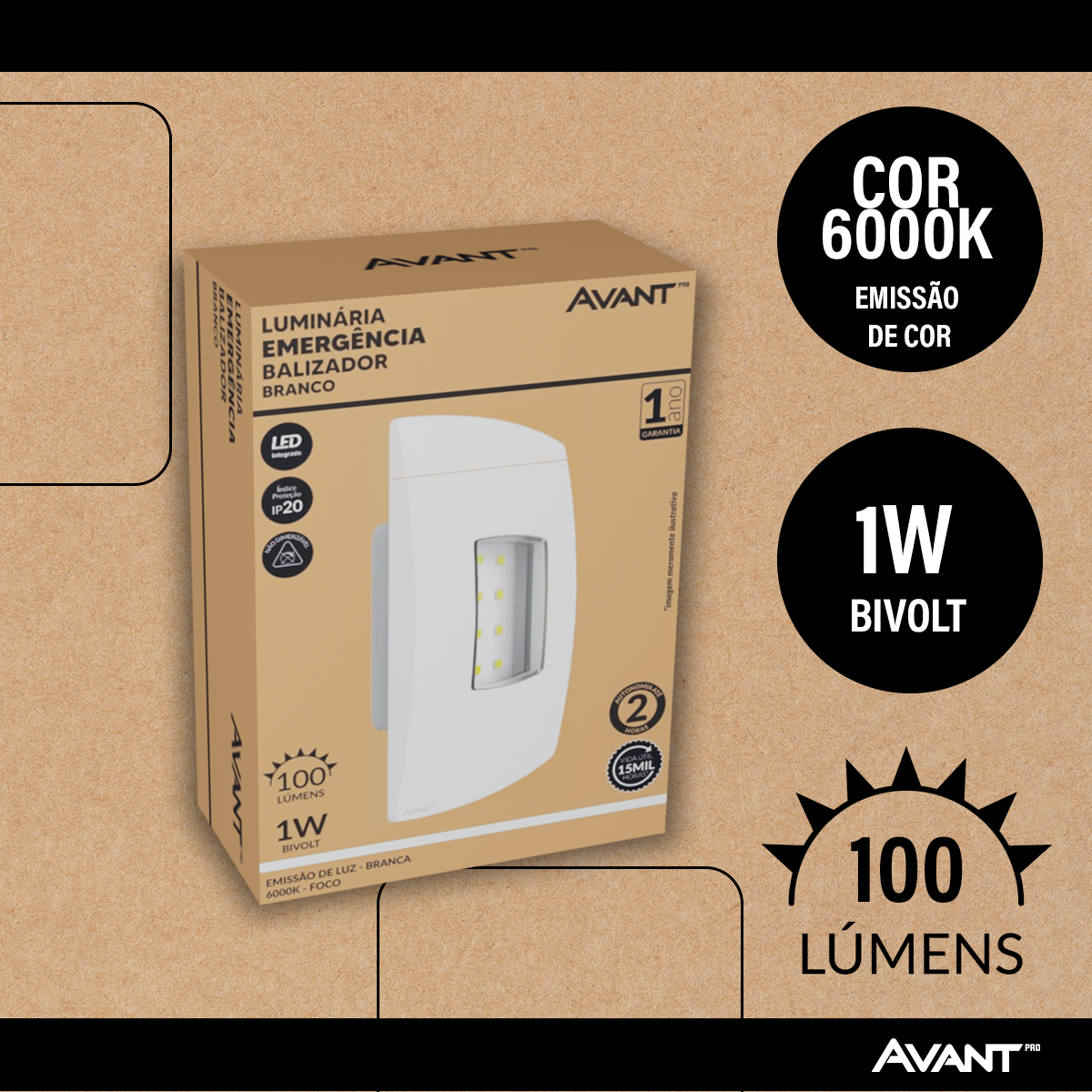 Luminária Led Emergência Balizador 1w 6000K Branco Frio Bivolt Branco Avant