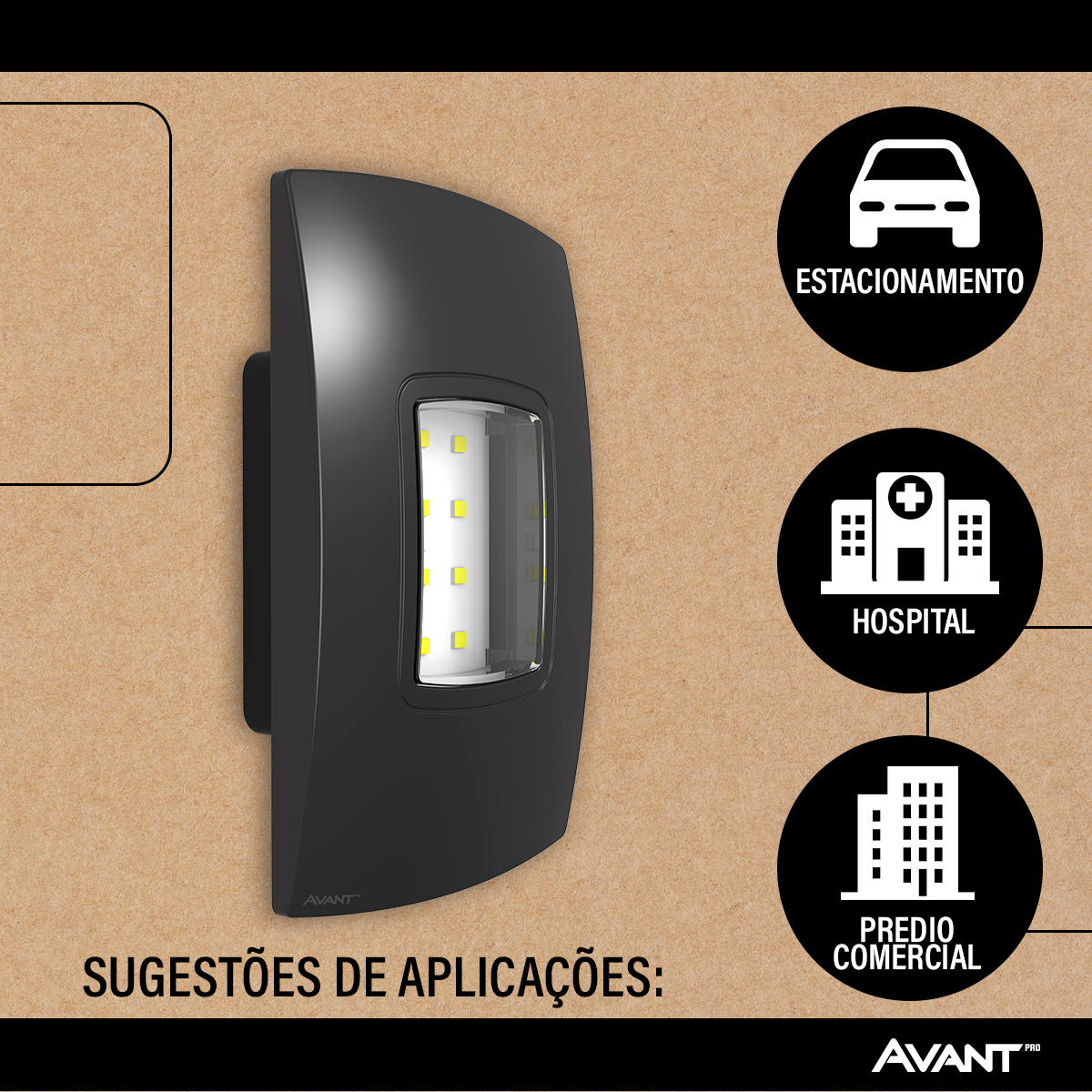 Luminária Led Emergência Balizador 1w 6000K Branco Frio Bivolt Preto Avant
