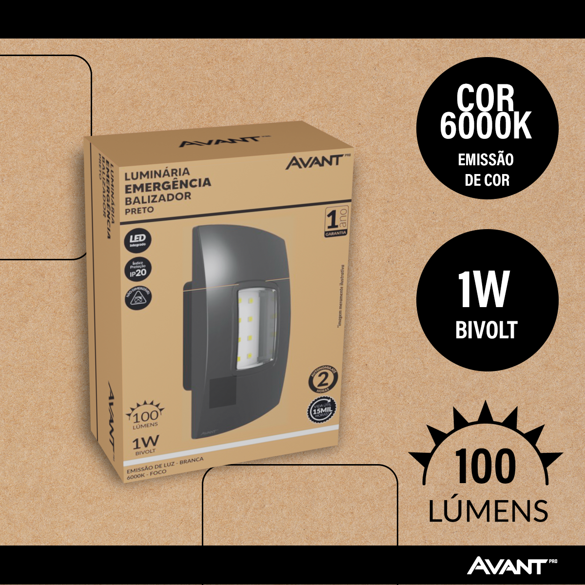 Luminária Led Emergência Balizador 1w 6000K Branco Frio Bivolt Preto Avant