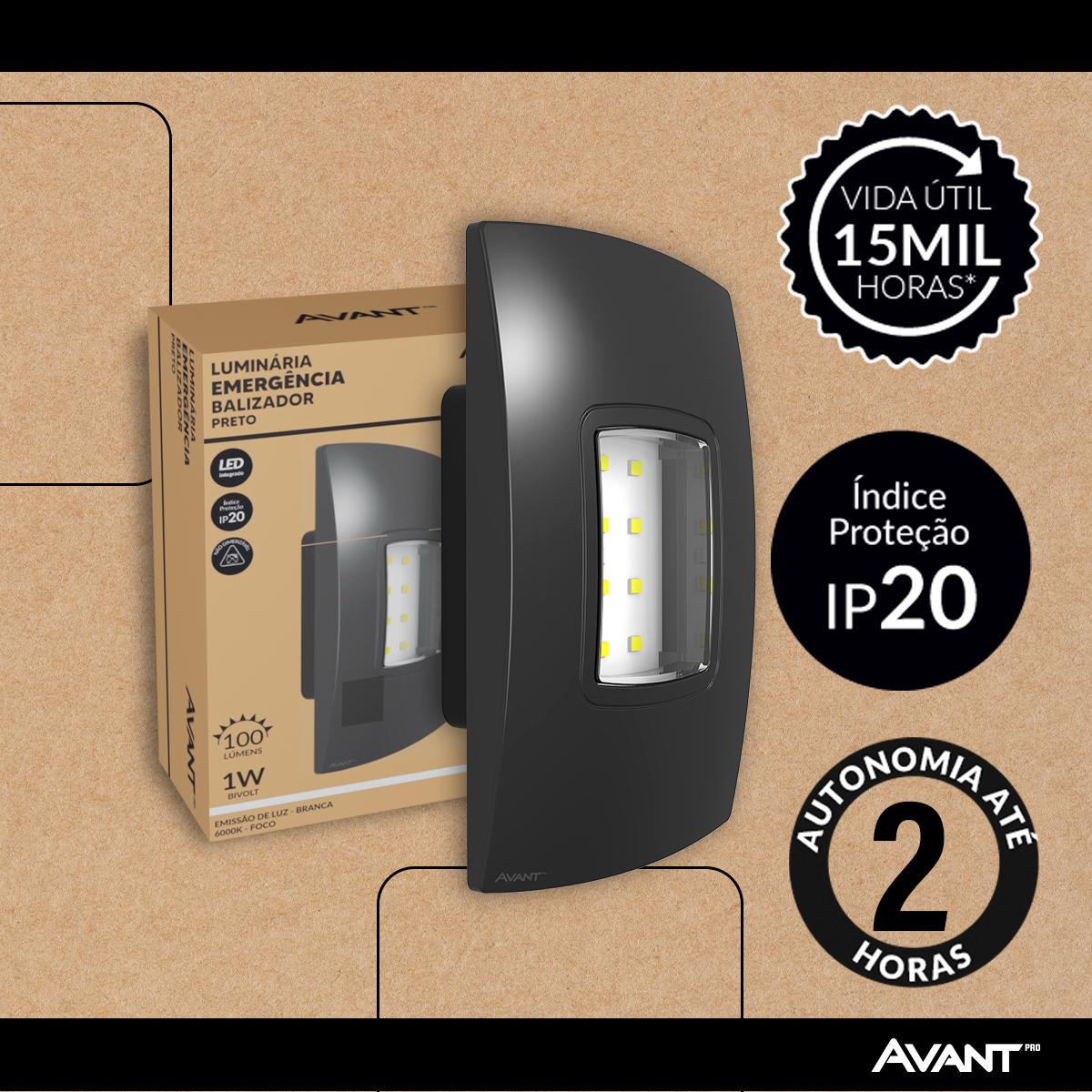 Luminária Led Emergência Balizador 1w 6000K Branco Frio Bivolt Preto Avant