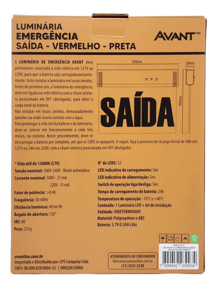 Luminaria Led Emergencia Placa Saida 2L 1w 6000K Branco Frio Bivolt Preto Avant