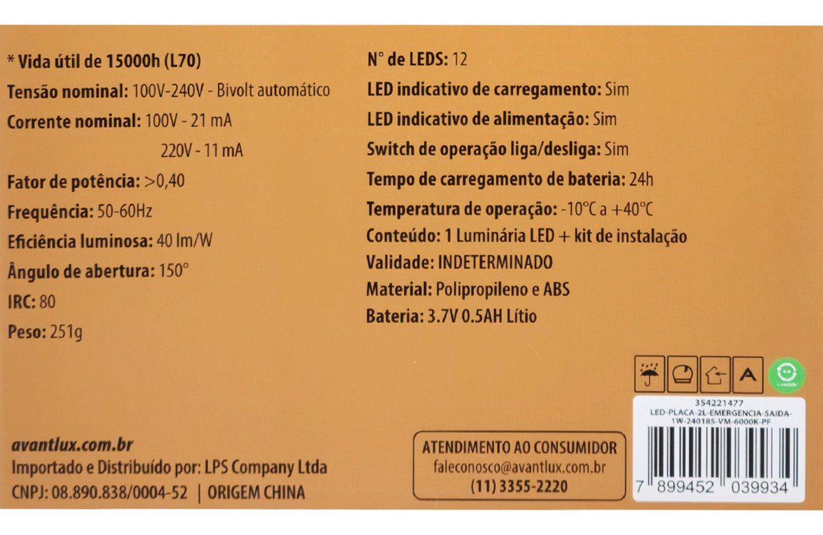 Luminaria Led Emergencia Placa Saida 2L 1w 6000K Branco Frio Bivolt Preto Avant