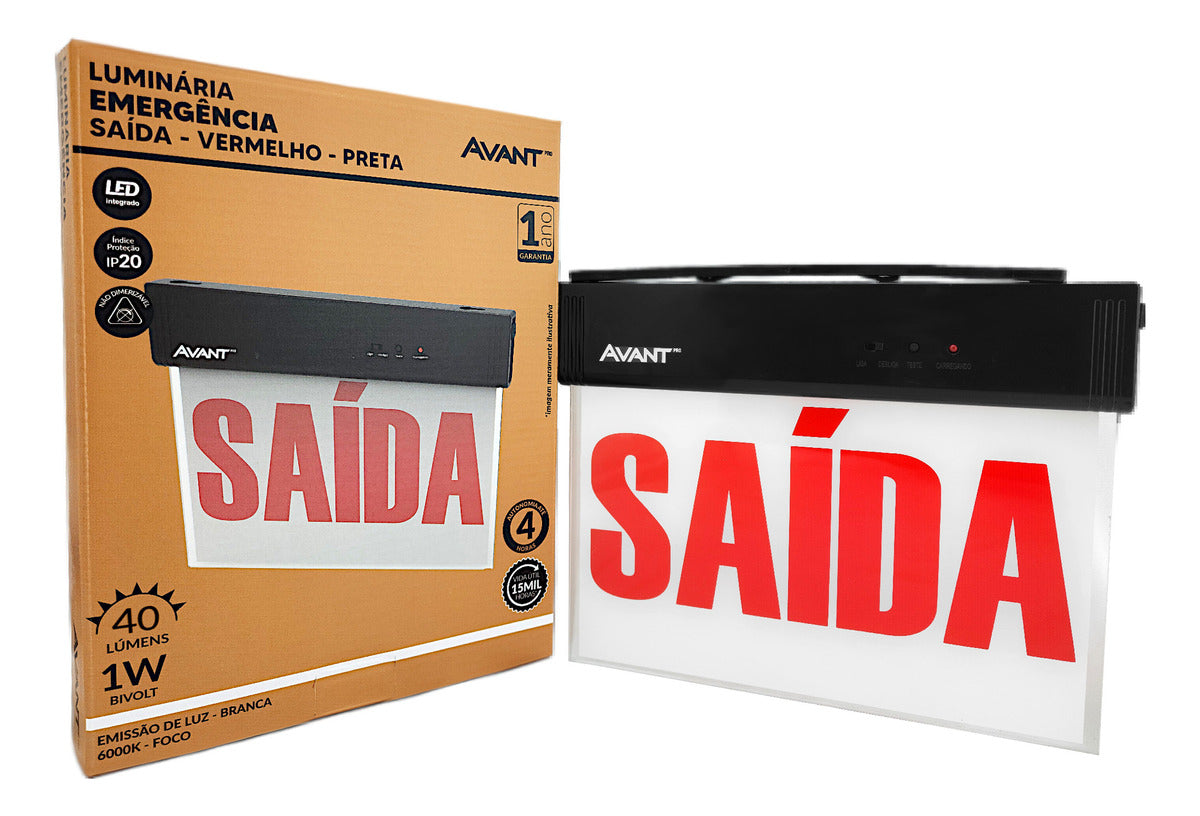 Luminaria Led Emergencia Placa Saida 2L 1w 6000K Branco Frio Bivolt Preto Avant