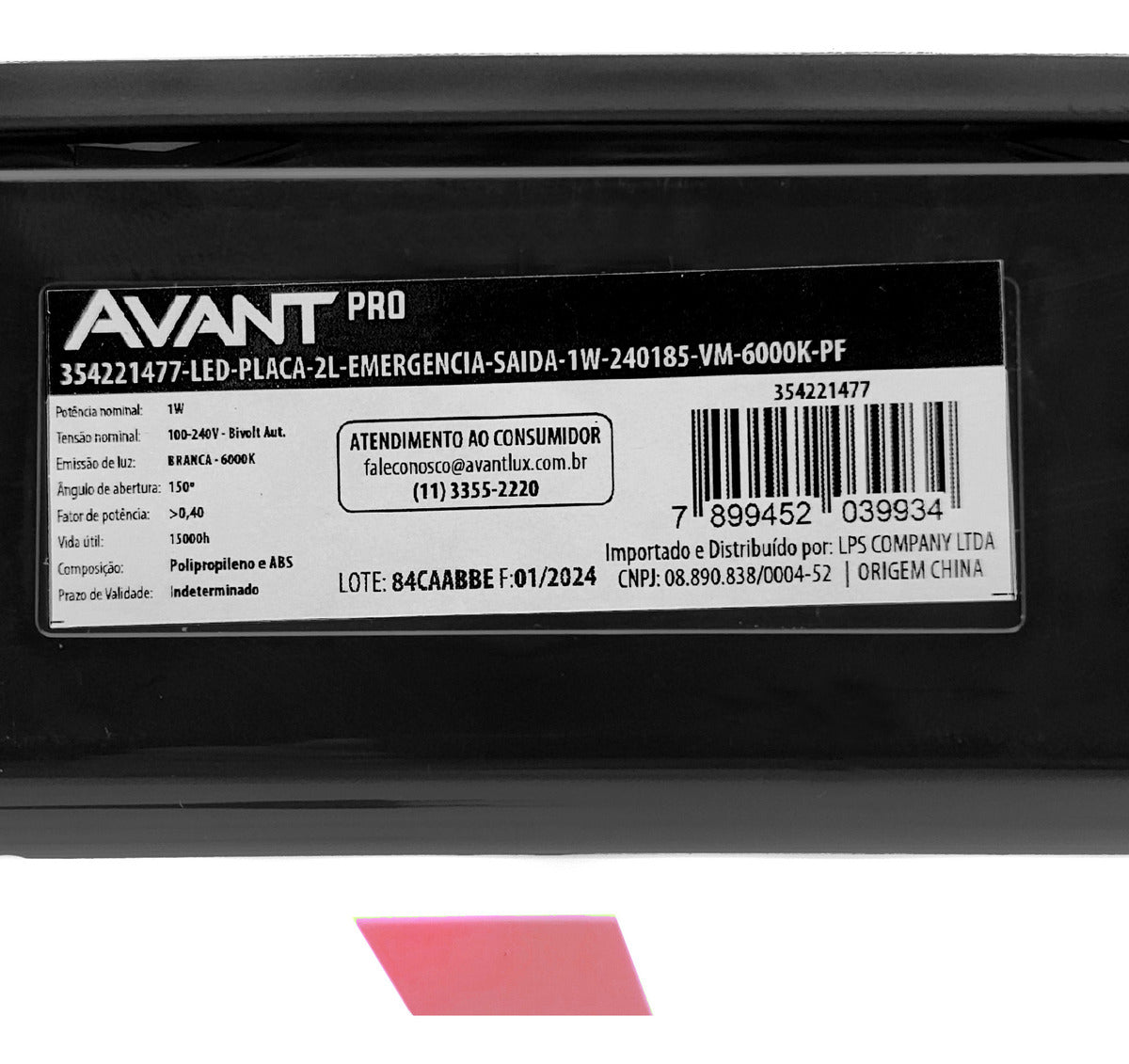 Luminaria Led Emergencia Placa Saida 2L 1w 6000K Branco Frio Bivolt Preto Avant