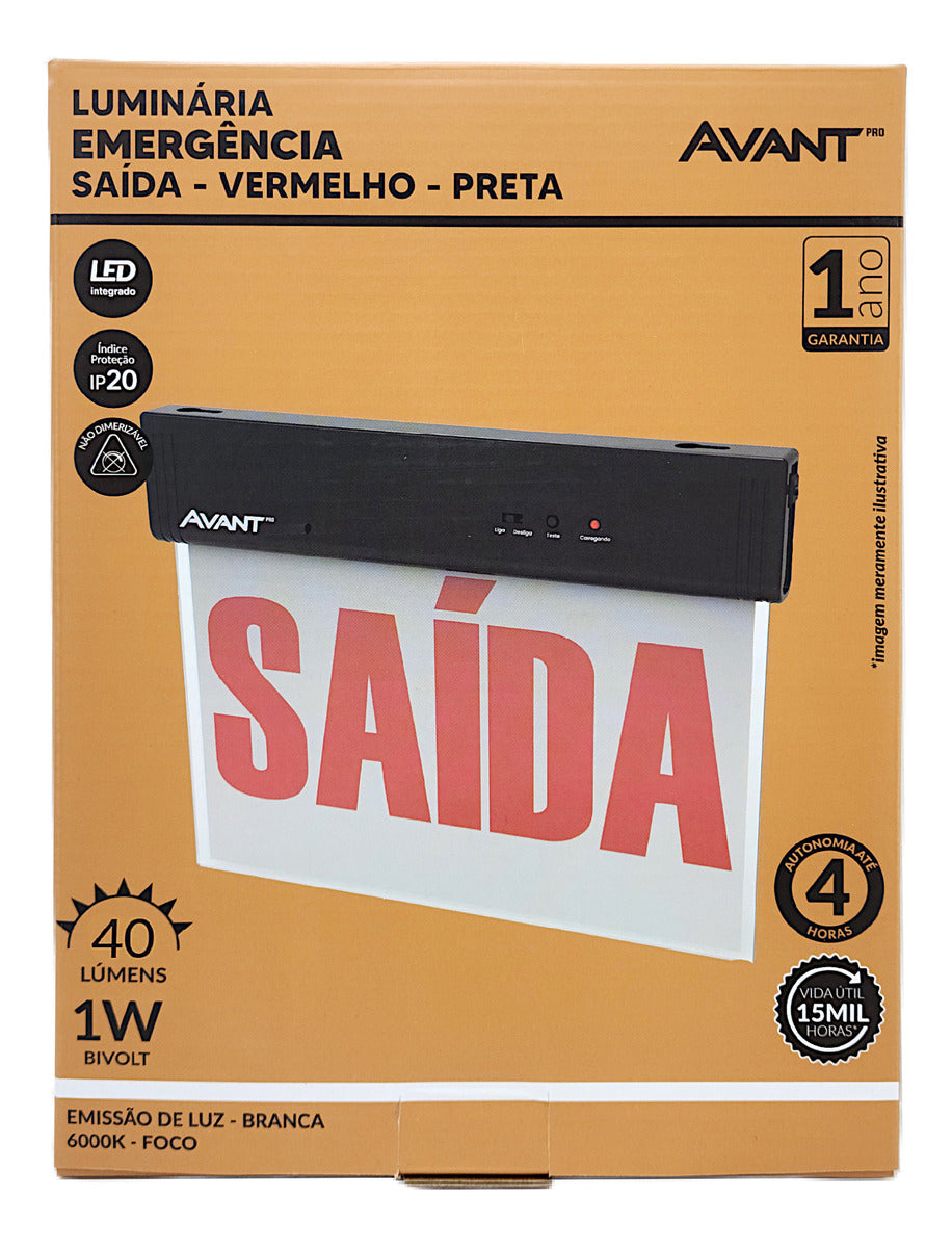 Luminaria Led Emergencia Placa Saida 2L 1w 6000K Branco Frio Bivolt Preto Avant