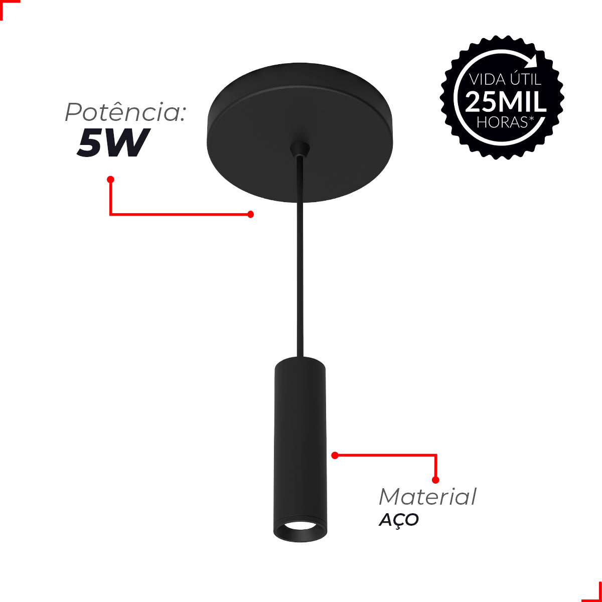 Pendente Led New Spear 5w 3000K Branco Quente IP20 Bivolt Preto Avant