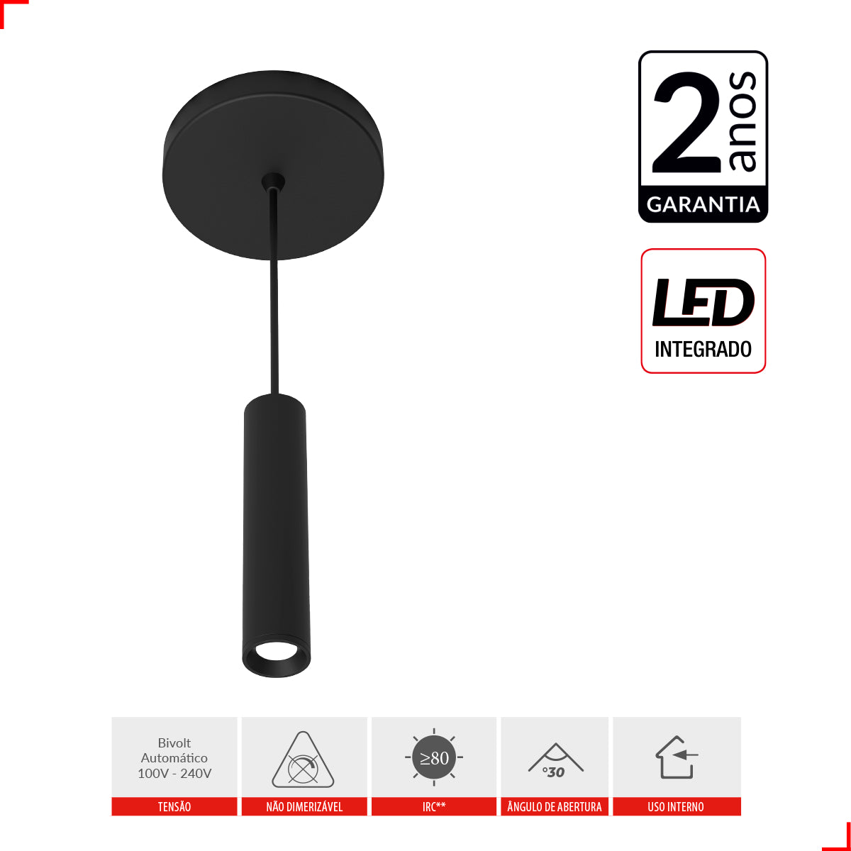 Pendente Led New Spear 5w 3000k Branco Frio IP20 Bivolt Preto Avant