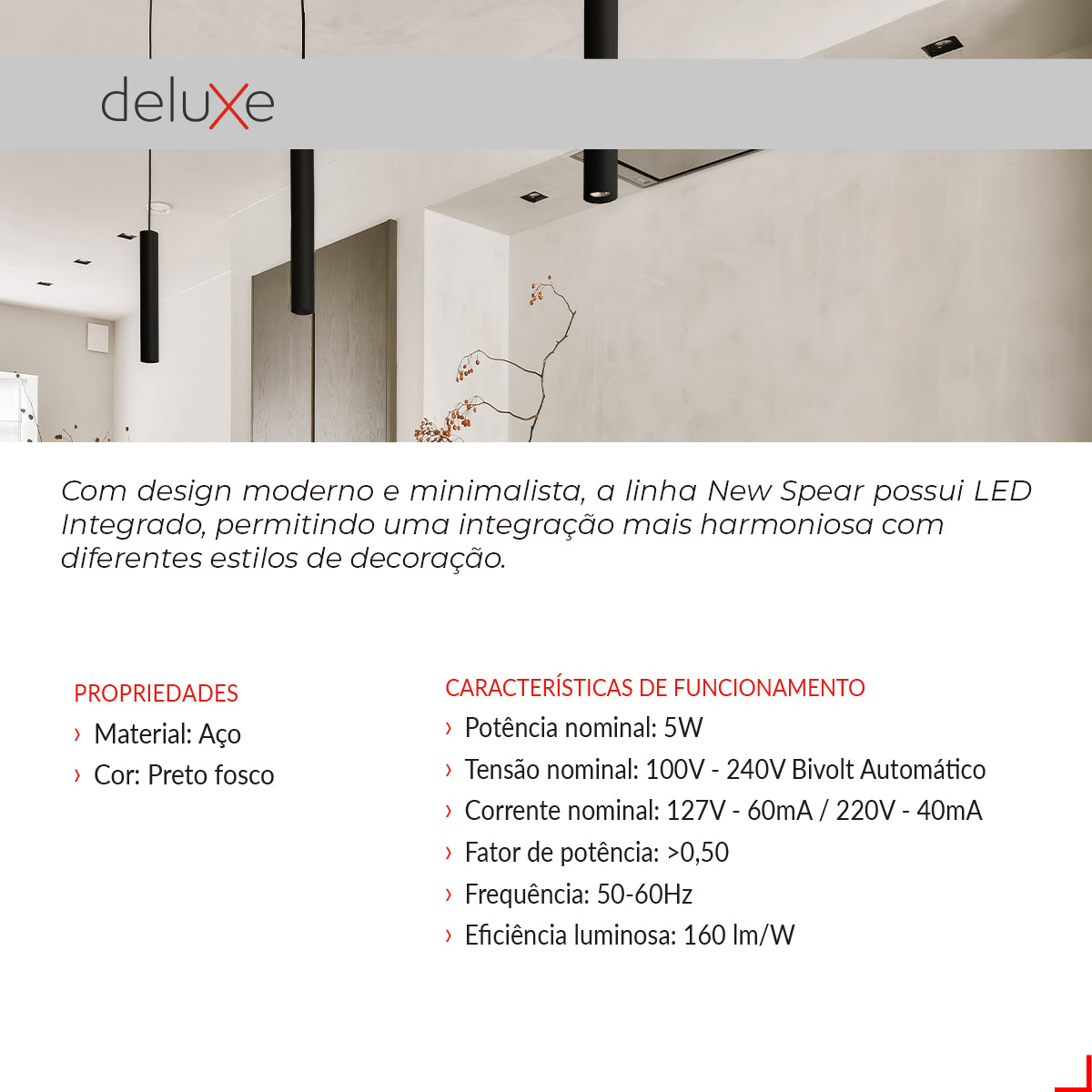 Pendente Led New Spear 5w 3000k Branco Frio IP20 Bivolt Preto Avant
