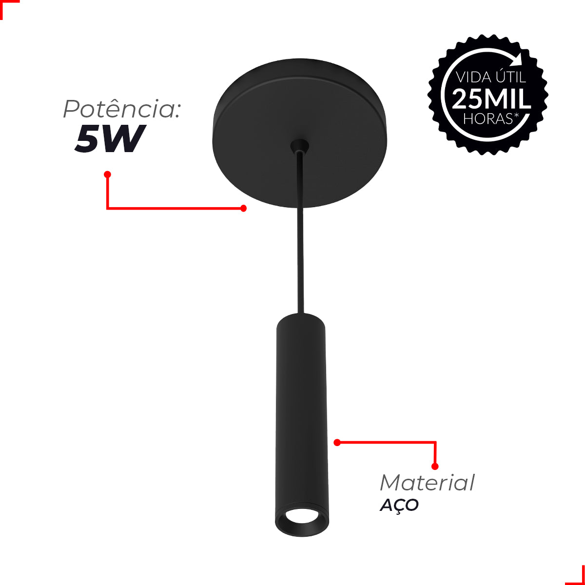 Pendente Led New Spear 5w 3000k Branco Frio IP20 Bivolt Preto Avant