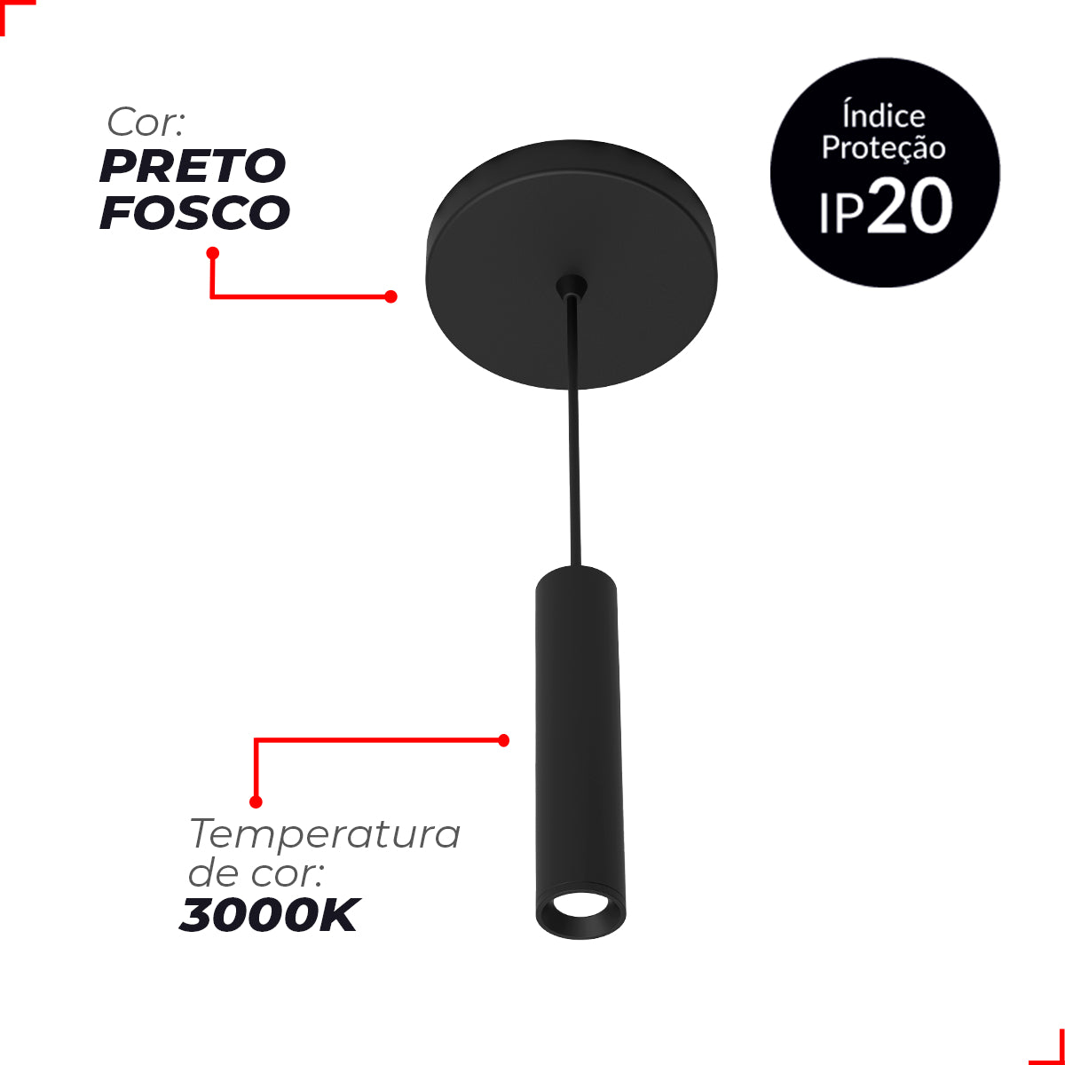 Pendente Led New Spear 5w 3000k Branco Frio IP20 Bivolt Preto Avant