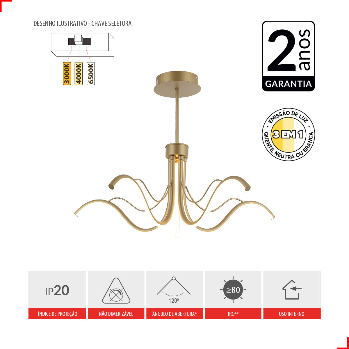 Lustre Pendente 52w 3 em 1 Led Liz 3000k/6500k Dourado Avant