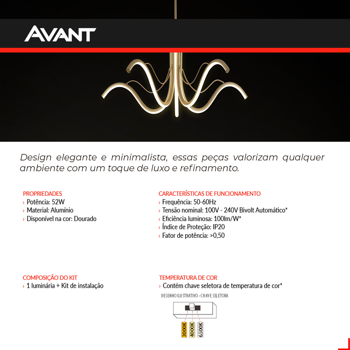 Lustre Pendente 52w 3 em 1 Led Liz 3000k/6500k Dourado Avant