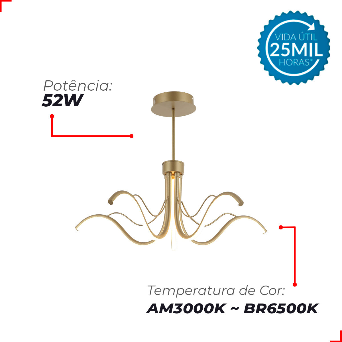 Lustre Pendente 52w 3 em 1 Led Liz 3000k/6500k Dourado Avant