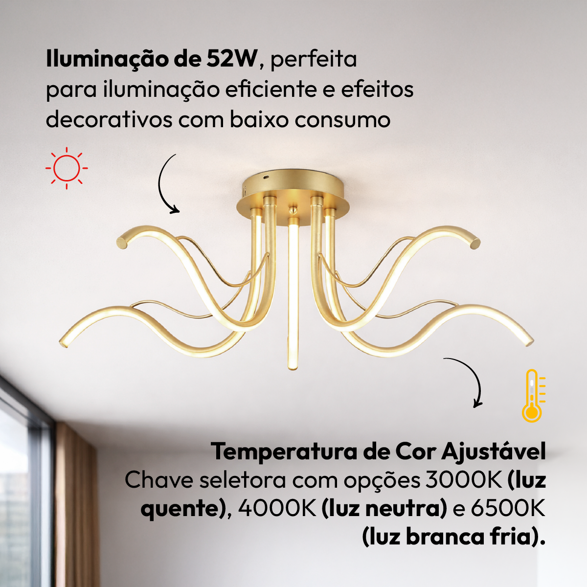Luminaria Plafon Led Liz 52w 3000k/6500k Dourado Avant