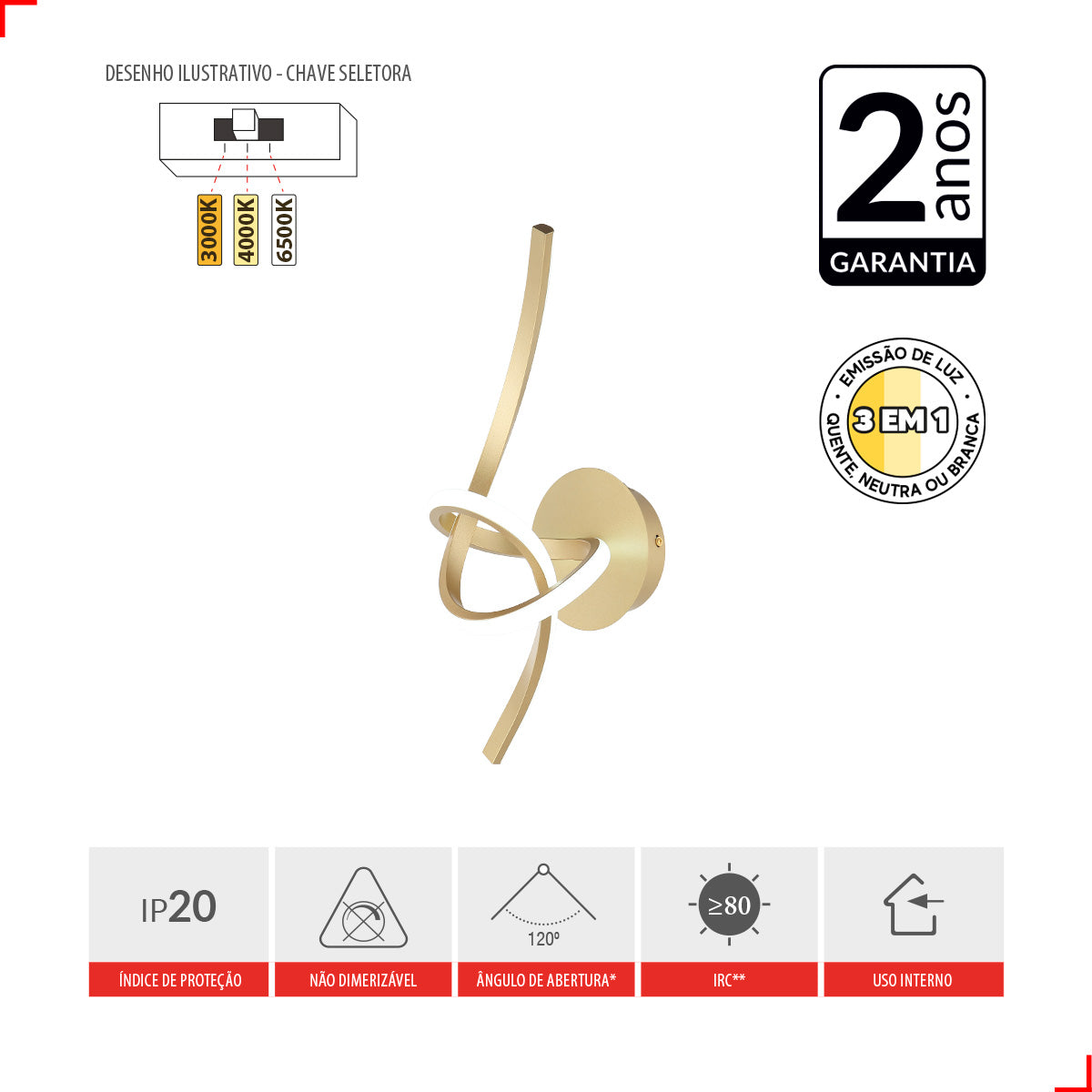 Arandela Led Liz 24w 3000K/6500K Branco Quente/Frio Bivolt Dourado Avant