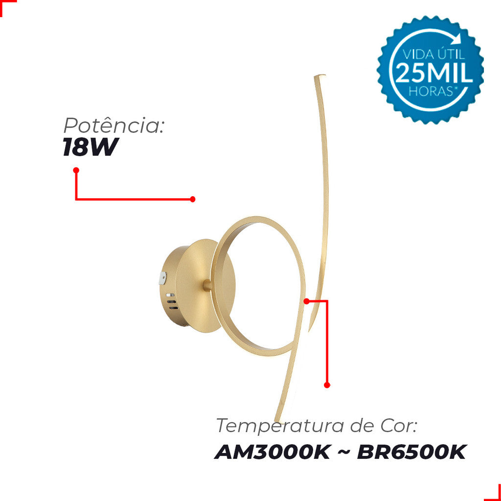 Luminaria Arandela Led Liz 18w 3000K/6500K Dourado Avant