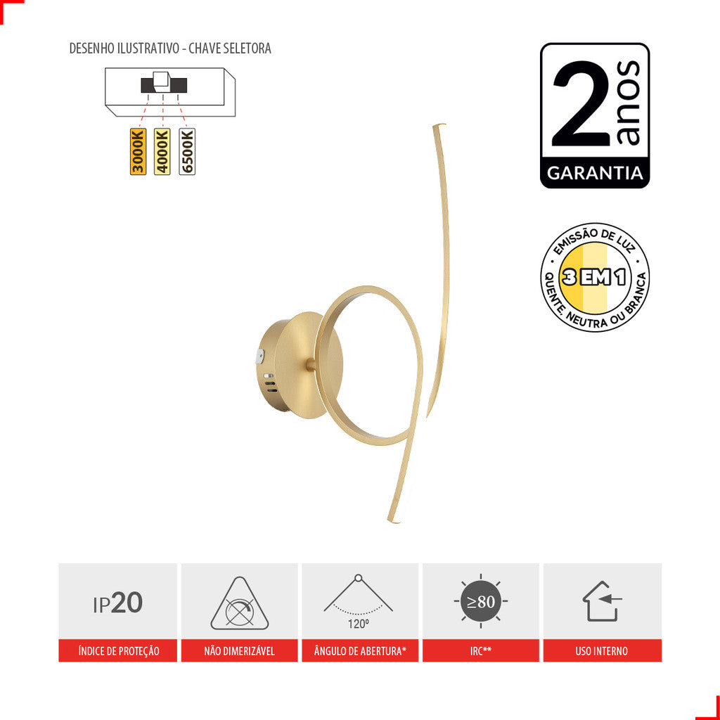 Luminaria Arandela Led Liz 18w 3000K/6500K Dourado Avant