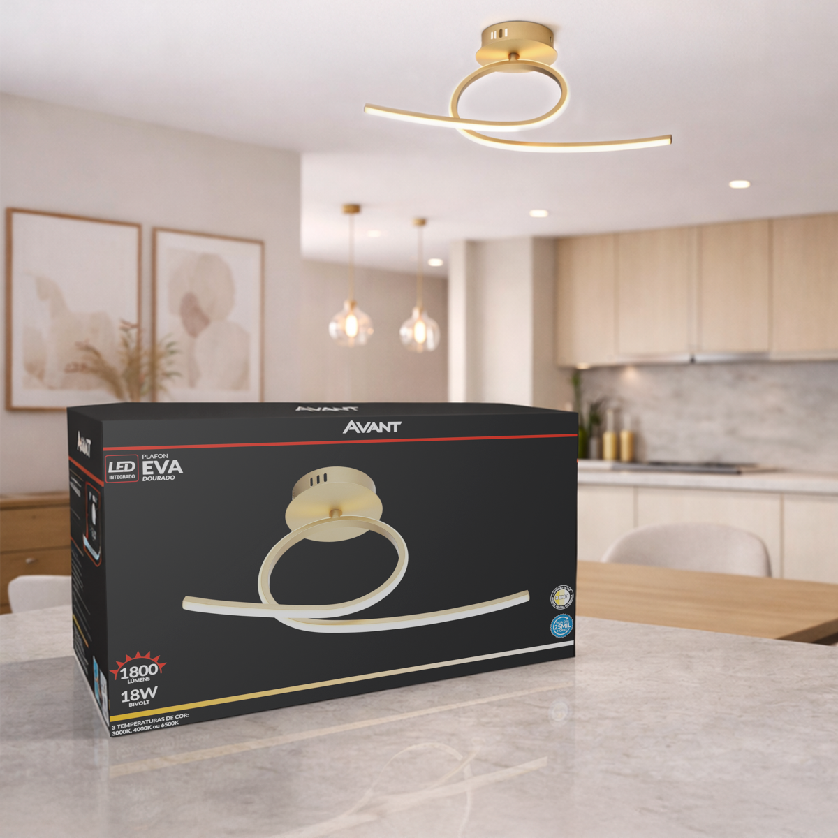 Pendente Led Plafon Eva 18w 3000k/6500k Dourado Bivolt Avant