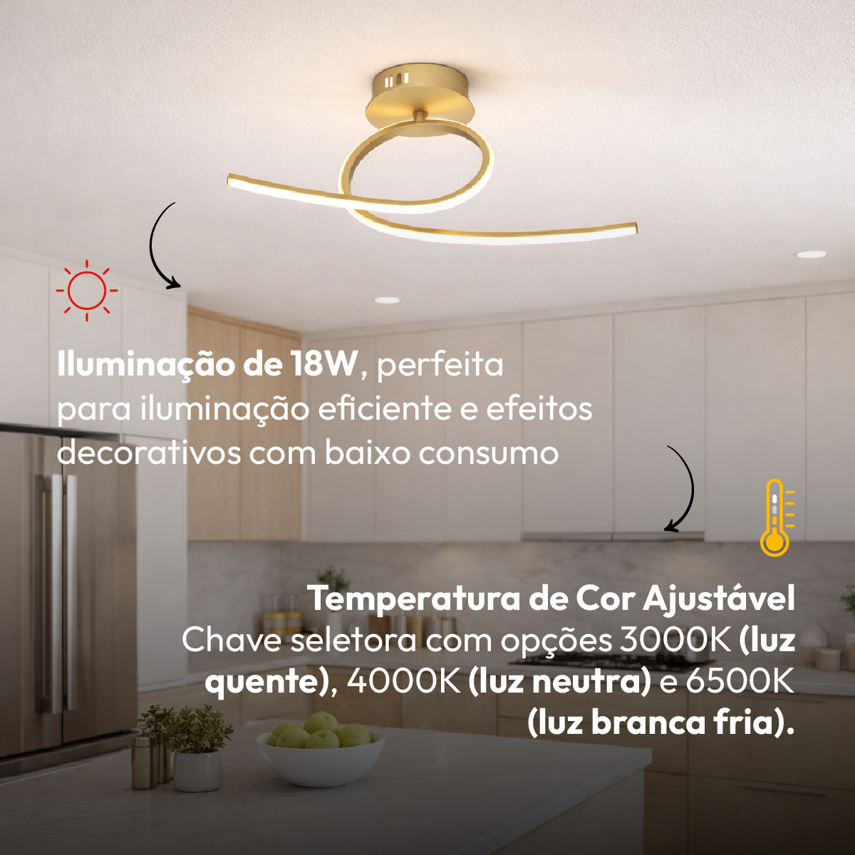 Pendente Led Plafon Eva 18w 3000k/6500k Dourado Bivolt Avant