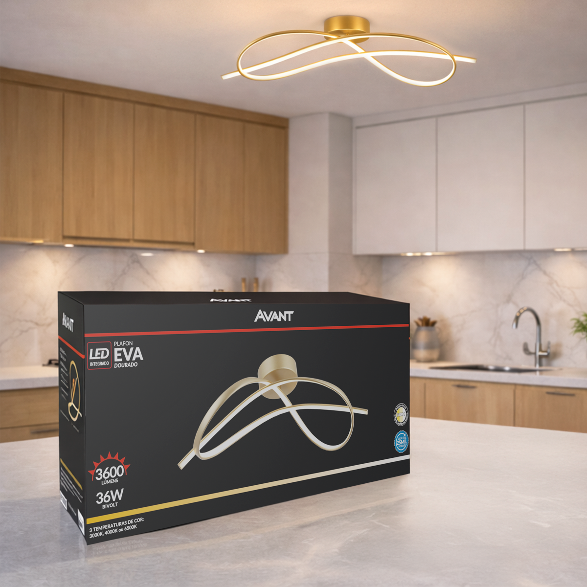 Plafon Led Eva 36w 3000k/6500k IP20 Dourado Bivolt Avant