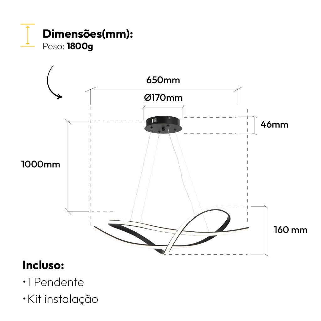 Pendente Led Eva 36w 3 em 1 3000k/6500k IP20 Bivolt Preto Avant