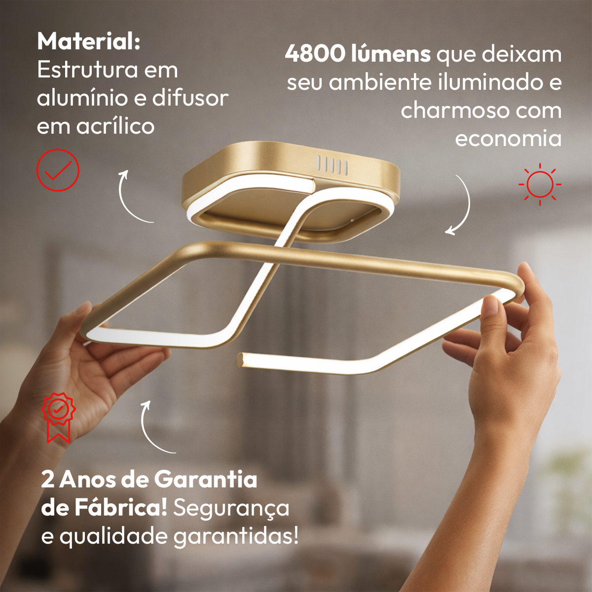 Luminaria Led  Plafon Cecilia 48w 3000k Dourado Avant