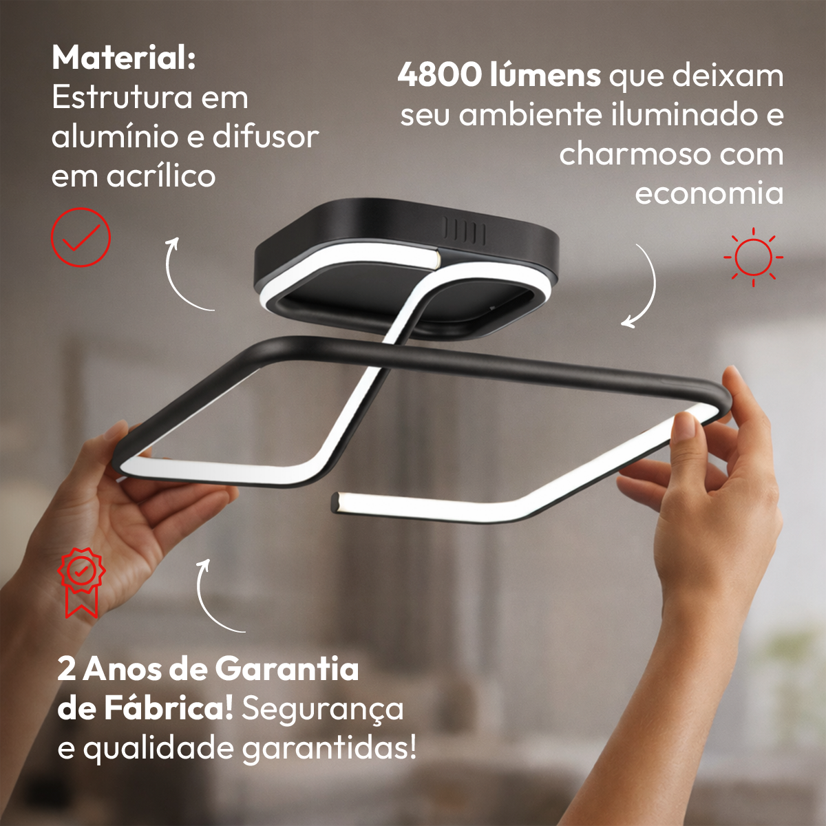 Luminaria led  Plafon Cecilia 48w 3000k Branco Quente 110v/220v Bivolt Preto Cod: 589128076 Avant
