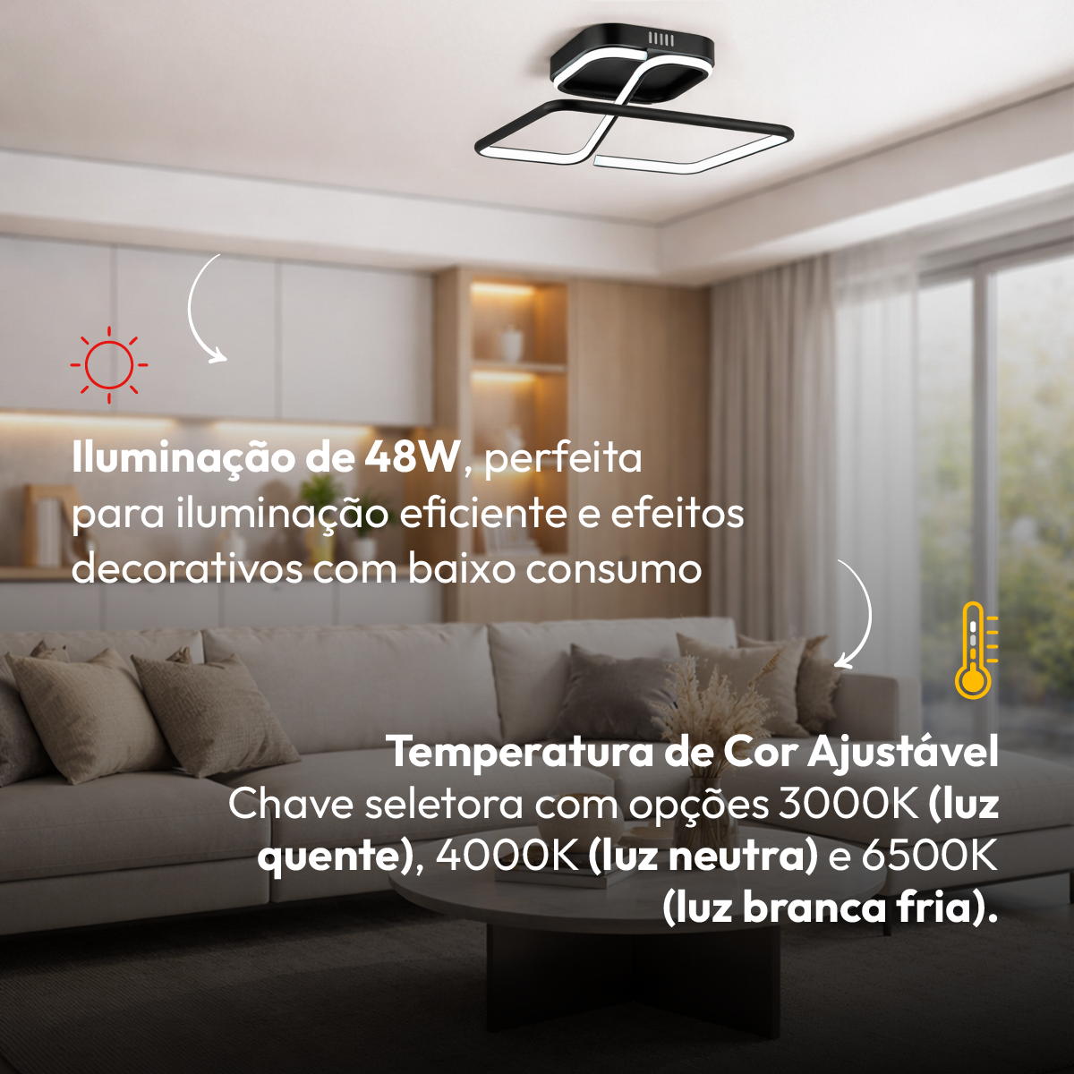 Luminaria led  Plafon Cecilia 48w 3000k Branco Quente 110v/220v Bivolt Preto Cod: 589128076 Avant