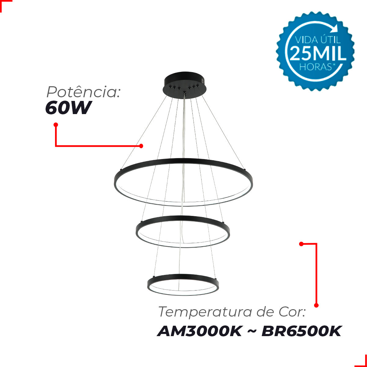 Pendente Led Alice 60w Banco Quente/Neutro/Frio IP20 Bivolt Preto Avant