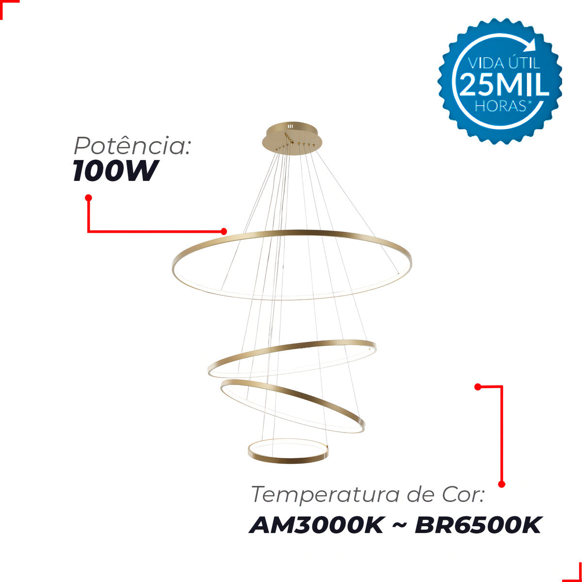 Pendente Alice Led 100w 3000K/4000K/6500K IP20 Bivolt Dourado Avant