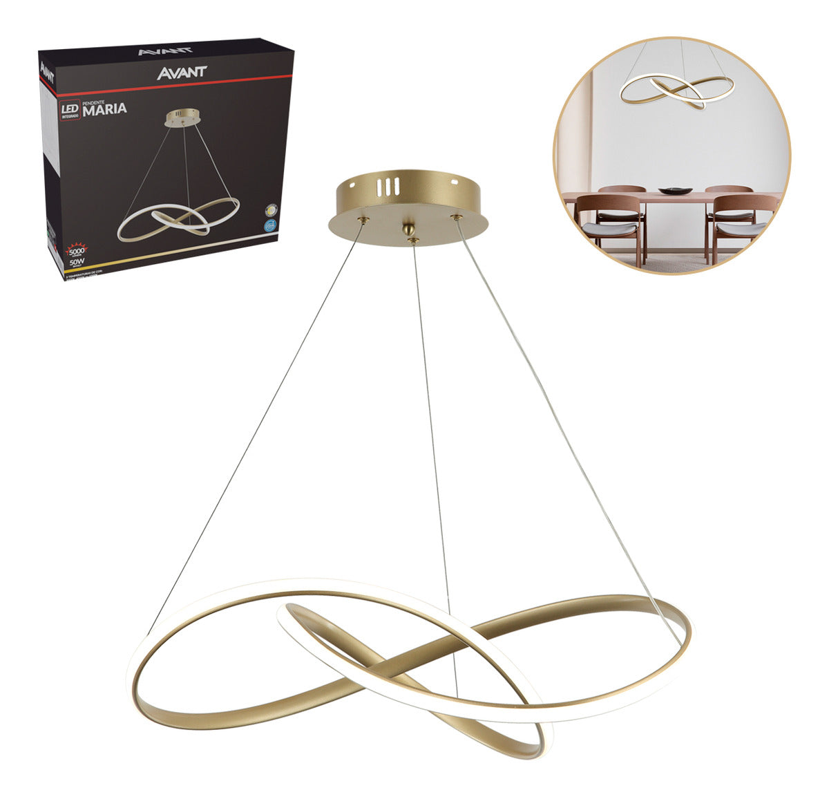 Pendente Led Maria 50w Com Seleção de temperatura Quente/Neutro/Frio Dourado Cod: 589228073 Avant