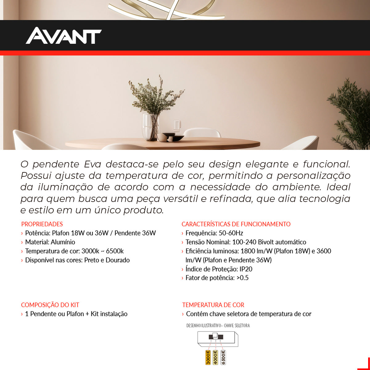 Pendente 50w 3 em 1 Led Maria 3000k/6500k Preto Avant