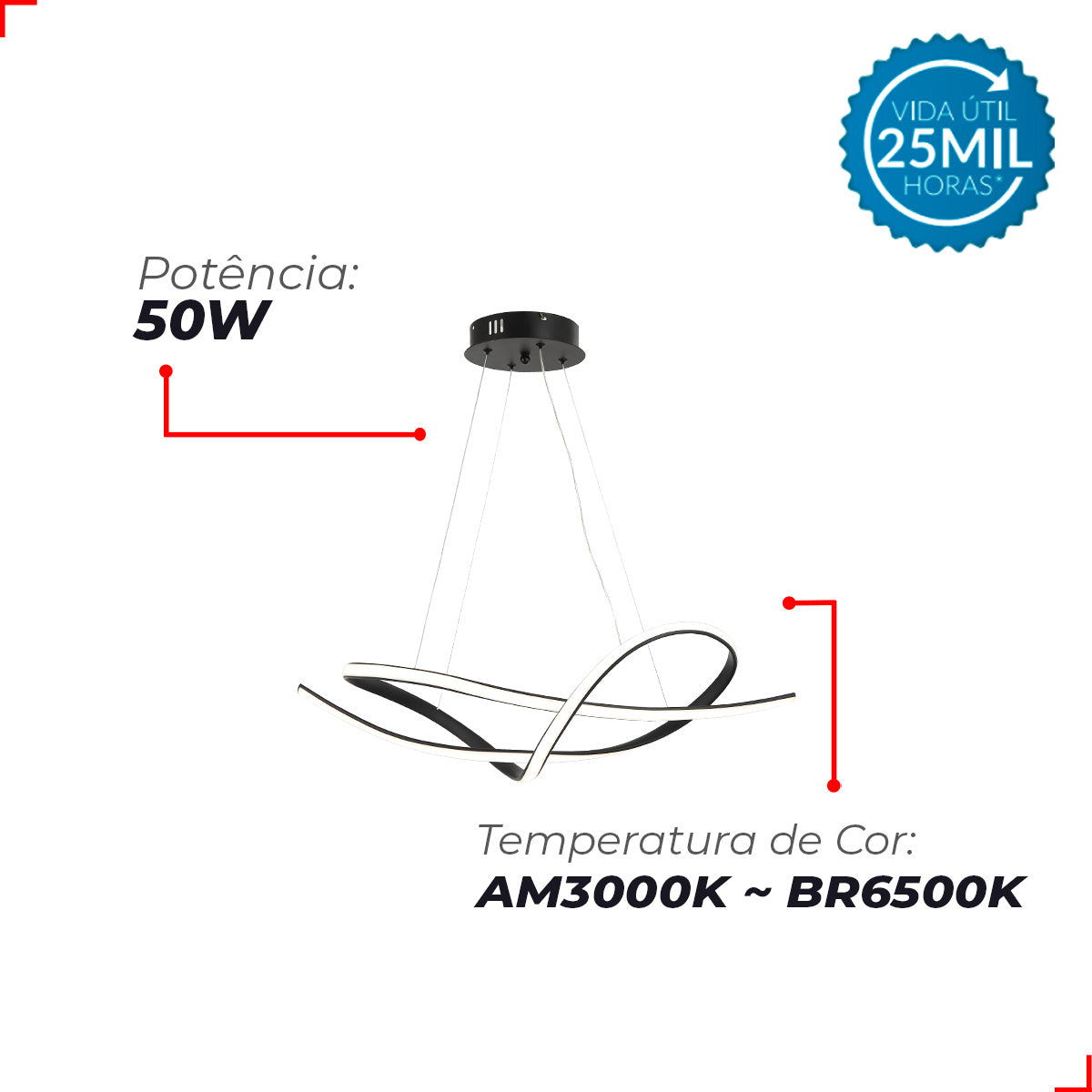 Pendente 50w 3 em 1 Led Maria 3000k/6500k Preto Avant
