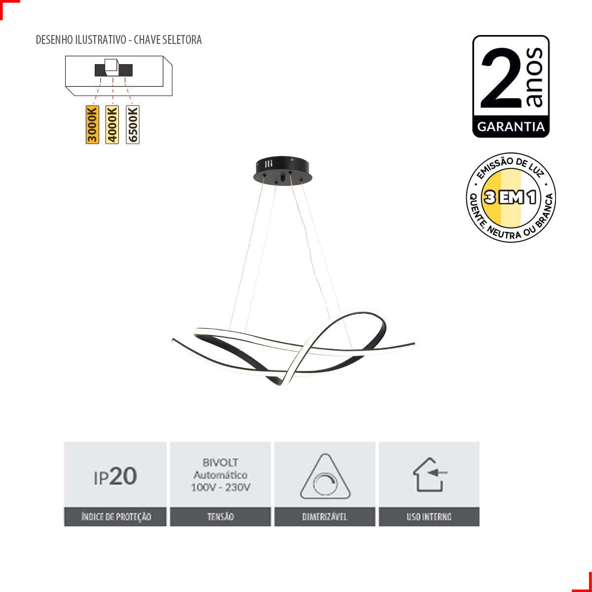 Pendente 50w 3 em 1 Led Maria 3000k/6500k Preto Avant