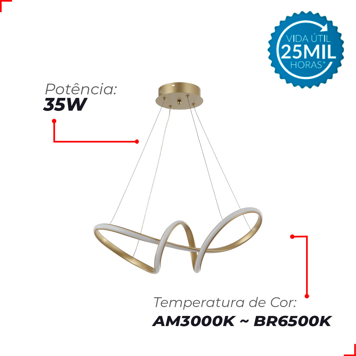 Pendente Led Day 35w 3000K/6500K IP20 Bivolt Dourado Avant