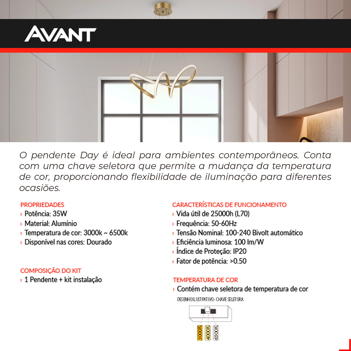 Pendente Led Day 35w 3000K/6500K IP20 Bivolt Dourado Avant