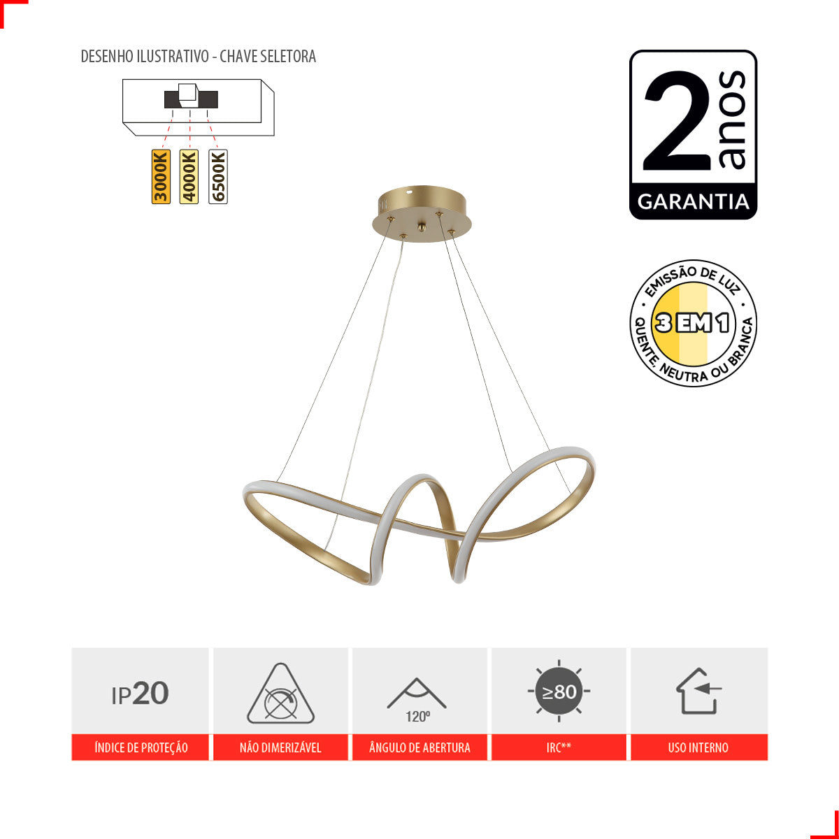 Pendente Led Day 35w 3000K/6500K IP20 Bivolt Dourado Avant